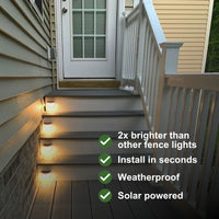 Outdoor step lights illuminated on a residential staircase leading to a front door, with text overlays highlighting product benefits including brighter lighting, quick installation, weatherproof design, and solar power.