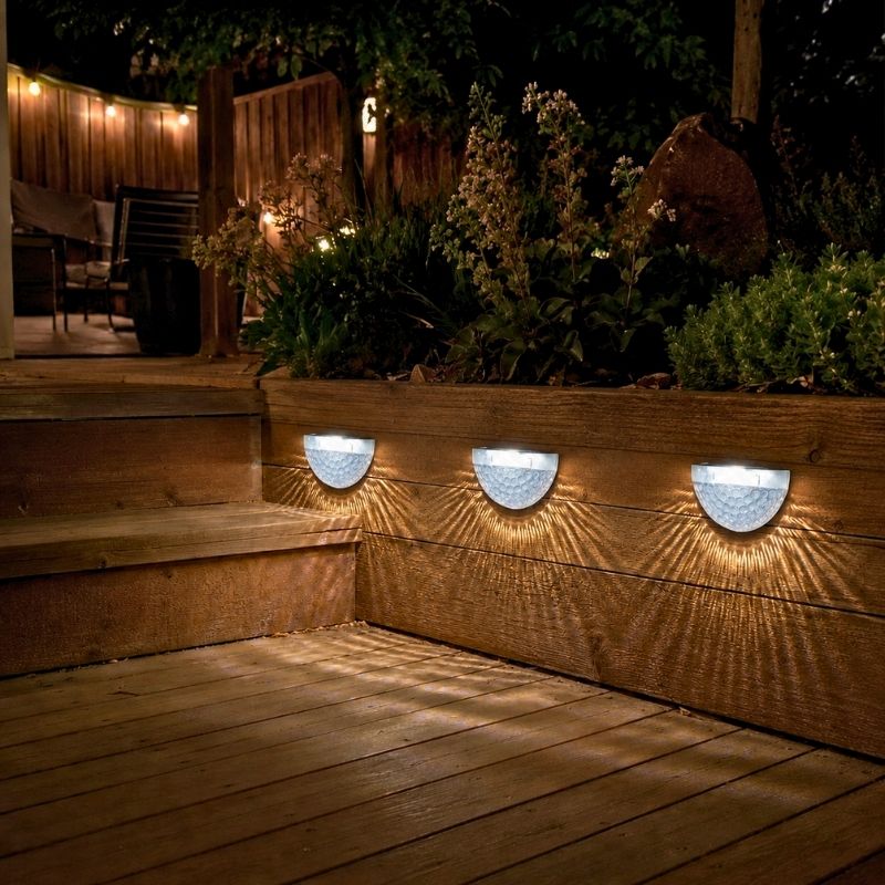 Three outdoor solar wall lights mounted on a wooden garden bed, casting a warm light downward and upward at night on a wooden deck.